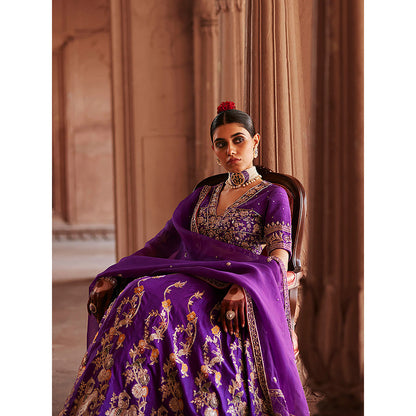 WeaverStory Deep Purple Hand Zardozi Lehenga with Choli Cut Choli and Dupatta (Set of 3)