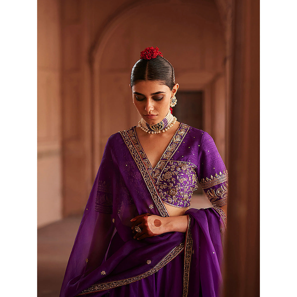 WeaverStory Deep Purple Hand Zardozi Lehenga with Choli Cut Choli and Dupatta (Set of 3)