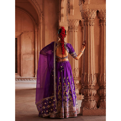 WeaverStory Deep Purple Hand Zardozi Lehenga with Choli Cut Choli and Dupatta (Set of 3)