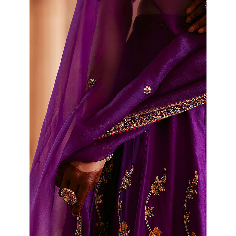 WeaverStory Deep Purple Hand Zardozi Lehenga with Choli Cut Choli and Dupatta (Set of 3)