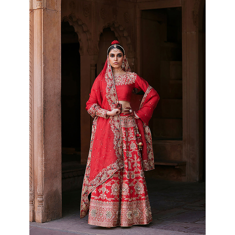 WeaverStory Red Hand Brocade Lehenga with Choli and Pure Organza Dupatta (Set of 3)