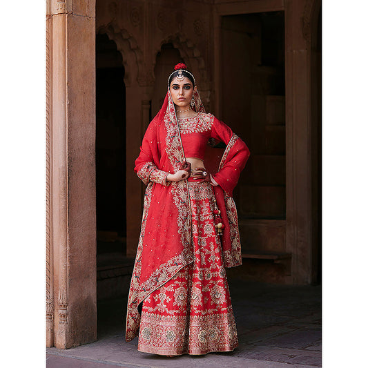 WeaverStory Red Hand Brocade Lehenga with Choli and Pure Organza Dupatta (Set of 3)
