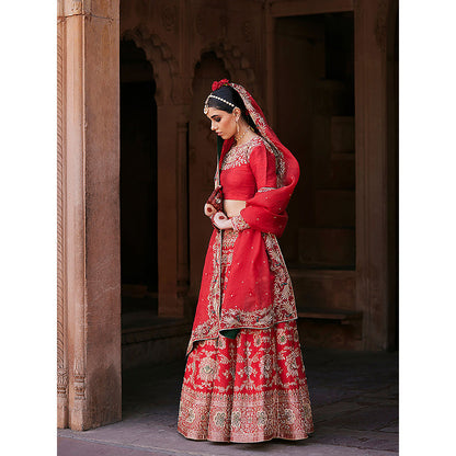 WeaverStory Red Hand Brocade Lehenga with Choli and Pure Organza Dupatta (Set of 3)