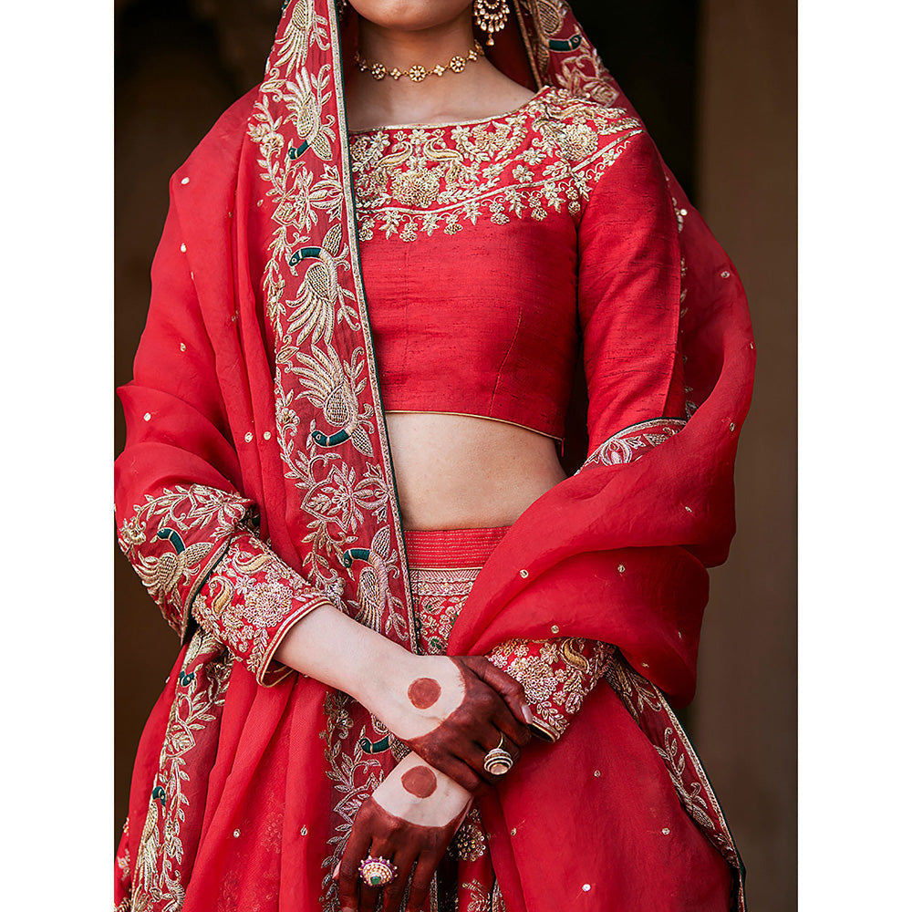 WeaverStory Red Hand Brocade Lehenga with Choli and Pure Organza Dupatta (Set of 3)