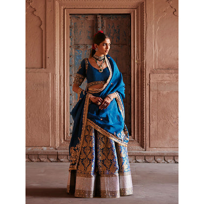 WeaverStory Blue Brocade Lehenga with Hand Choli and Organza Dupatta (Set of 3)