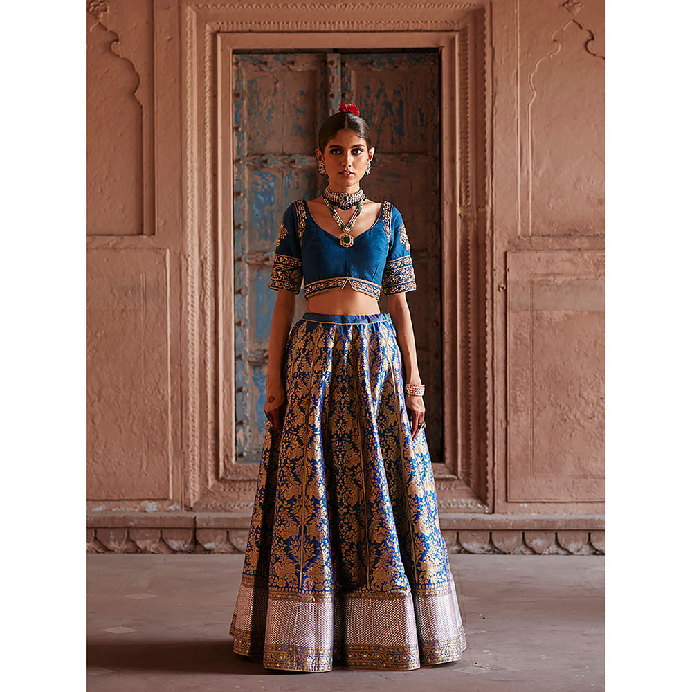WeaverStory Blue Brocade Lehenga with Hand Choli and Organza Dupatta (Set of 3)