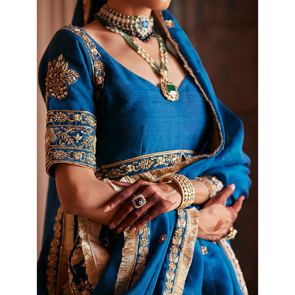 WeaverStory Blue Brocade Lehenga with Hand Choli and Organza Dupatta (Set of 3)