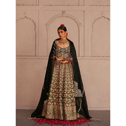 WeaverStory Black Dual Shade Hand Zardozi Lehenga with Choli and Organza Dupatta (Set of 3)