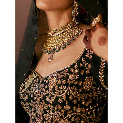 WeaverStory Black Dual Shade Hand Zardozi Lehenga with Choli and Organza Dupatta (Set of 3)