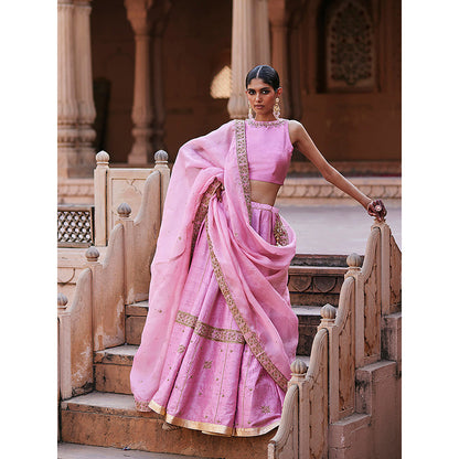 WeaverStory Baby Pink Raw Silk Hand Lehenga with Choli and Dupatta (Set of 3)