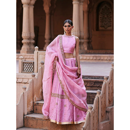 WeaverStory Baby Pink Raw Silk Hand Lehenga with Choli and Dupatta (Set of 3)