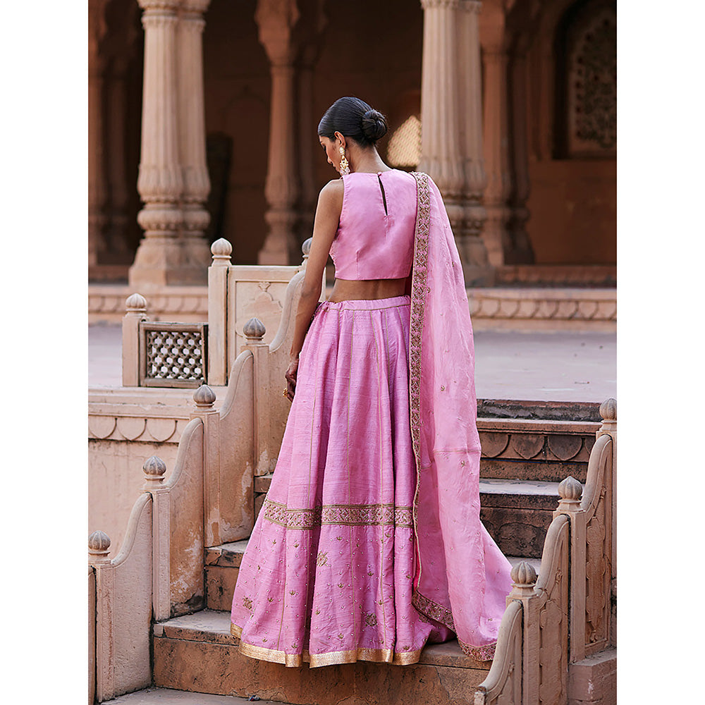 WeaverStory Baby Pink Raw Silk Hand Lehenga with Choli and Dupatta (Set of 3)