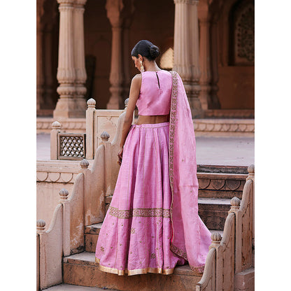 WeaverStory Baby Pink Raw Silk Hand Lehenga with Choli and Dupatta (Set of 3)