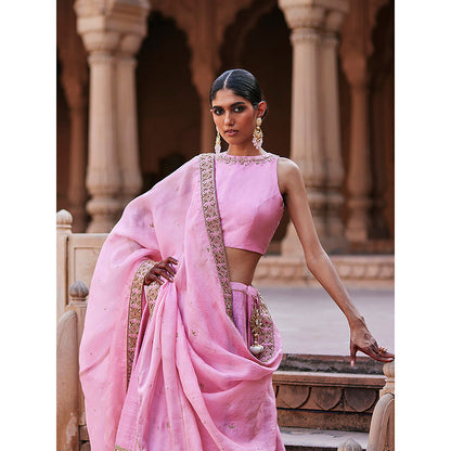 WeaverStory Baby Pink Raw Silk Hand Lehenga with Choli and Dupatta (Set of 3)