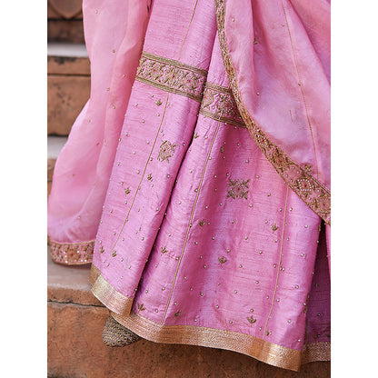 WeaverStory Baby Pink Raw Silk Hand Lehenga with Choli and Dupatta (Set of 3)