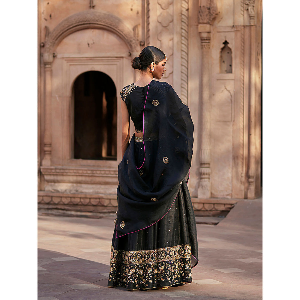 WeaverStory Black Raw Silk Lehenga Skirt with Raglan Choli and Organza Dupatta (Set of 3)