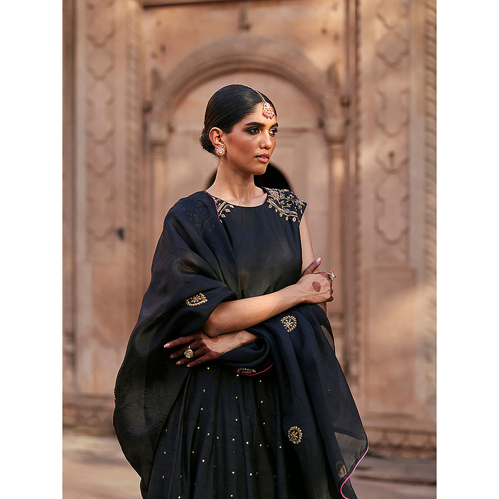 WeaverStory Black Raw Silk Lehenga Skirt with Raglan Choli and Organza Dupatta (Set of 3)