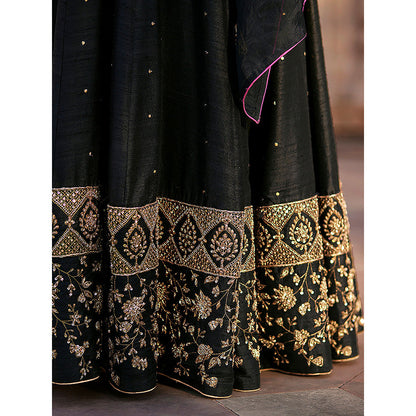 WeaverStory Black Raw Silk Lehenga Skirt with Raglan Choli and Organza Dupatta (Set of 3)