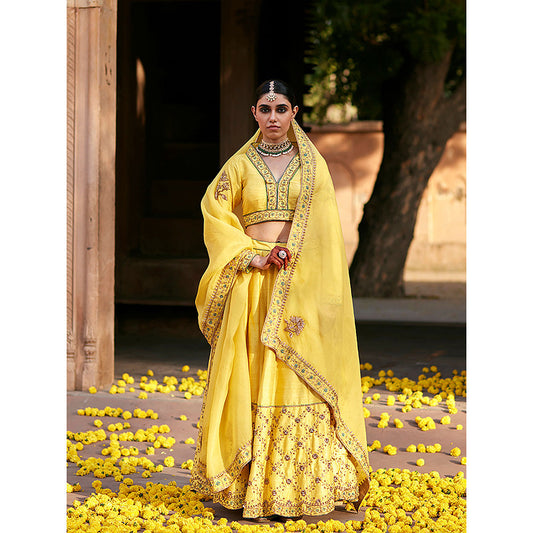 WeaverStory Yellow Raw Silk Lehenga with Choli and Organza Dupatta (Set of 3)