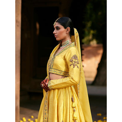 WeaverStory Yellow Raw Silk Lehenga with Choli and Organza Dupatta (Set of 3)
