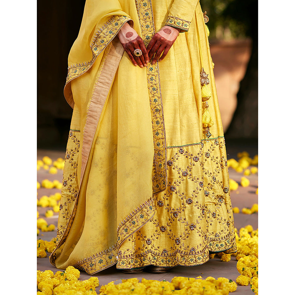 WeaverStory Yellow Raw Silk Lehenga with Choli and Organza Dupatta (Set of 3)