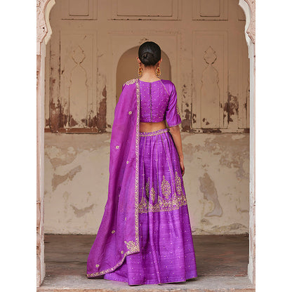 WeaverStory Purple Raw Silk Hand Kalidar Lehenga with Choli and Dupatta (Set of 3)