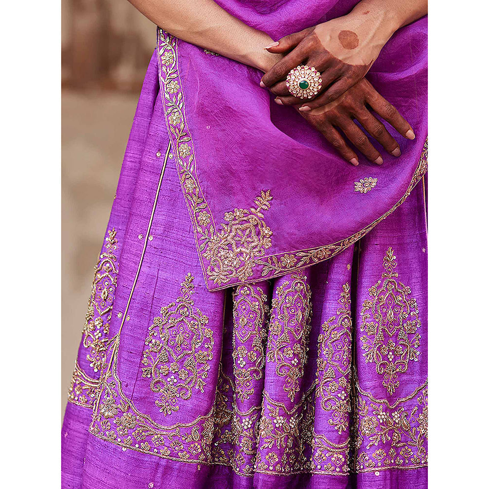 WeaverStory Purple Raw Silk Hand Kalidar Lehenga with Choli and Dupatta (Set of 3)