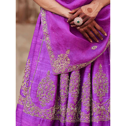 WeaverStory Purple Raw Silk Hand Kalidar Lehenga with Choli and Dupatta (Set of 3)