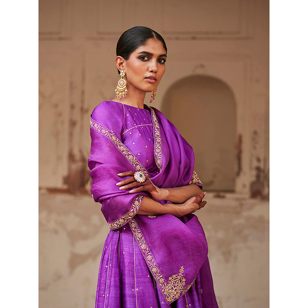 WeaverStory Purple Raw Silk Hand Kalidar Lehenga with Choli and Dupatta (Set of 3)