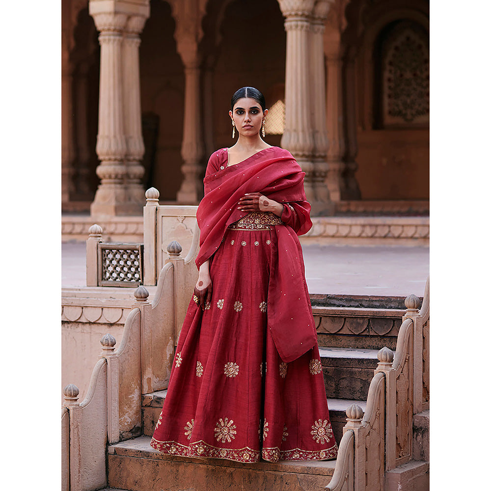 WeaverStory Vermillion Red Raw Silk Zardozi Lehenga with Choli and Zardozi Dupatta (Set of 3)
