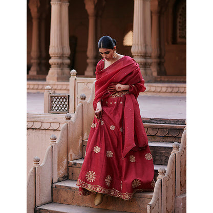 WeaverStory Vermillion Red Raw Silk Zardozi Lehenga with Choli and Zardozi Dupatta (Set of 3)
