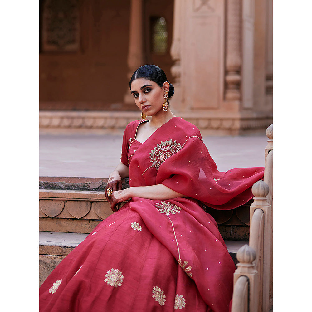 WeaverStory Vermillion Red Raw Silk Zardozi Lehenga with Choli and Zardozi Dupatta (Set of 3)