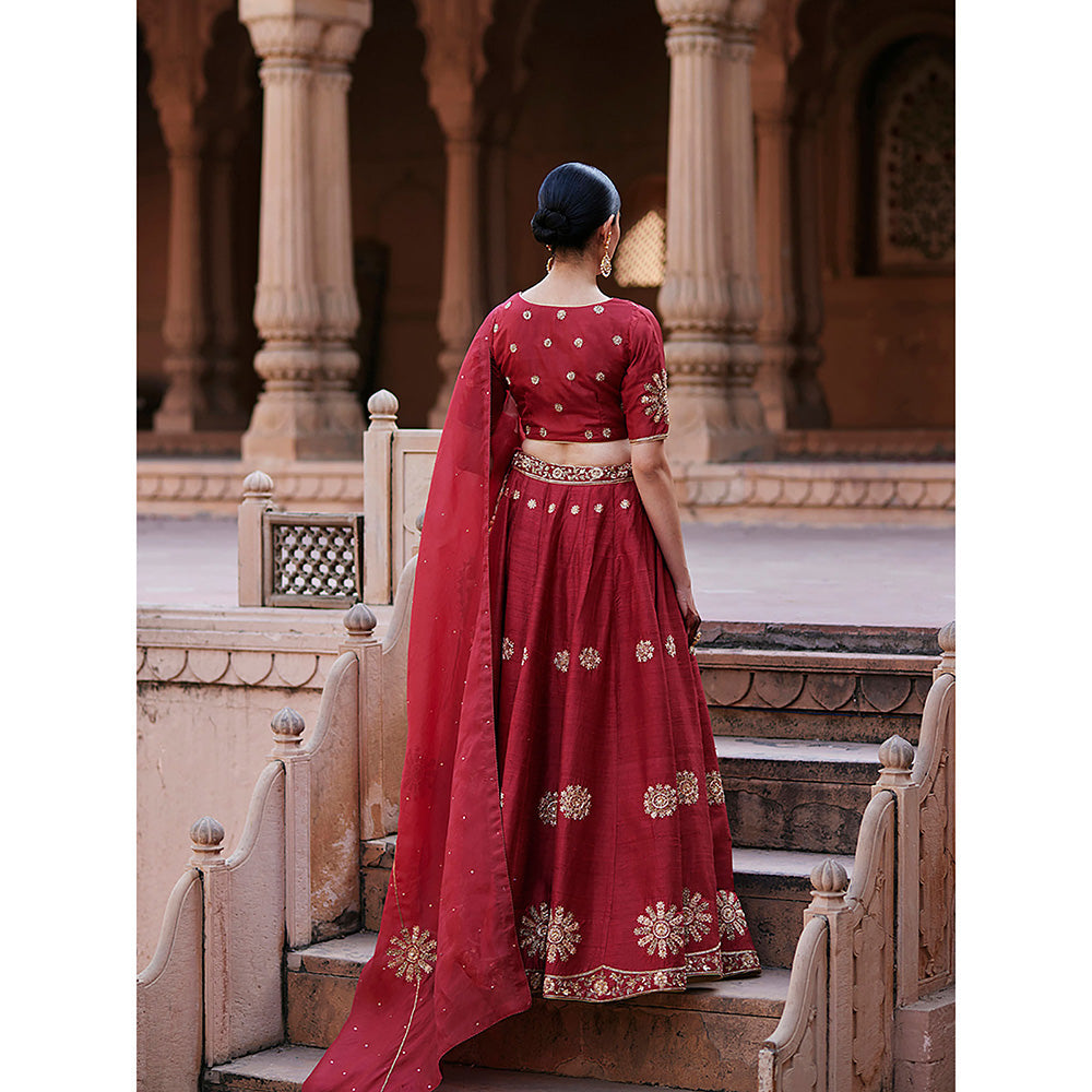 WeaverStory Vermillion Red Raw Silk Zardozi Lehenga with Choli and Zardozi Dupatta (Set of 3)