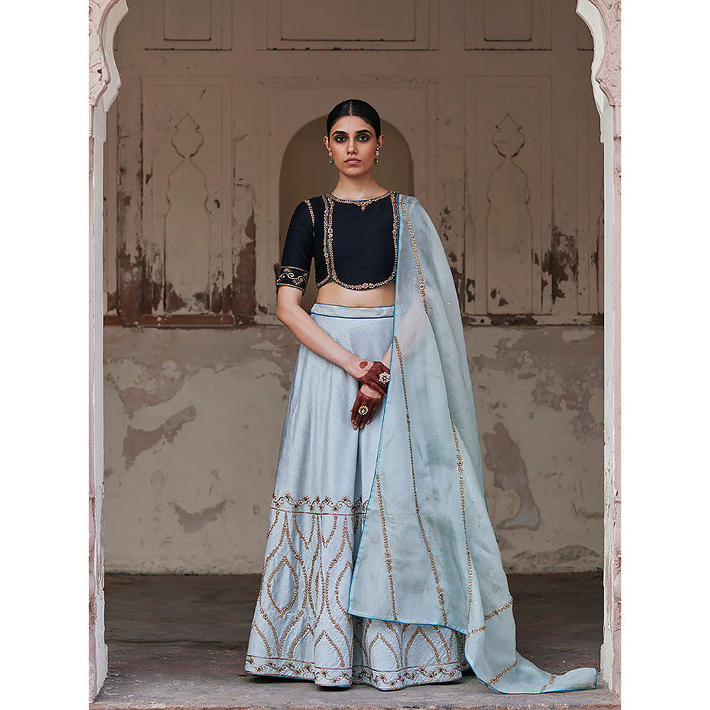 WeaverStory Mint Green Hand Raw Silk Skirt with Pure Silk Choli and Dupatta (Set of 3)