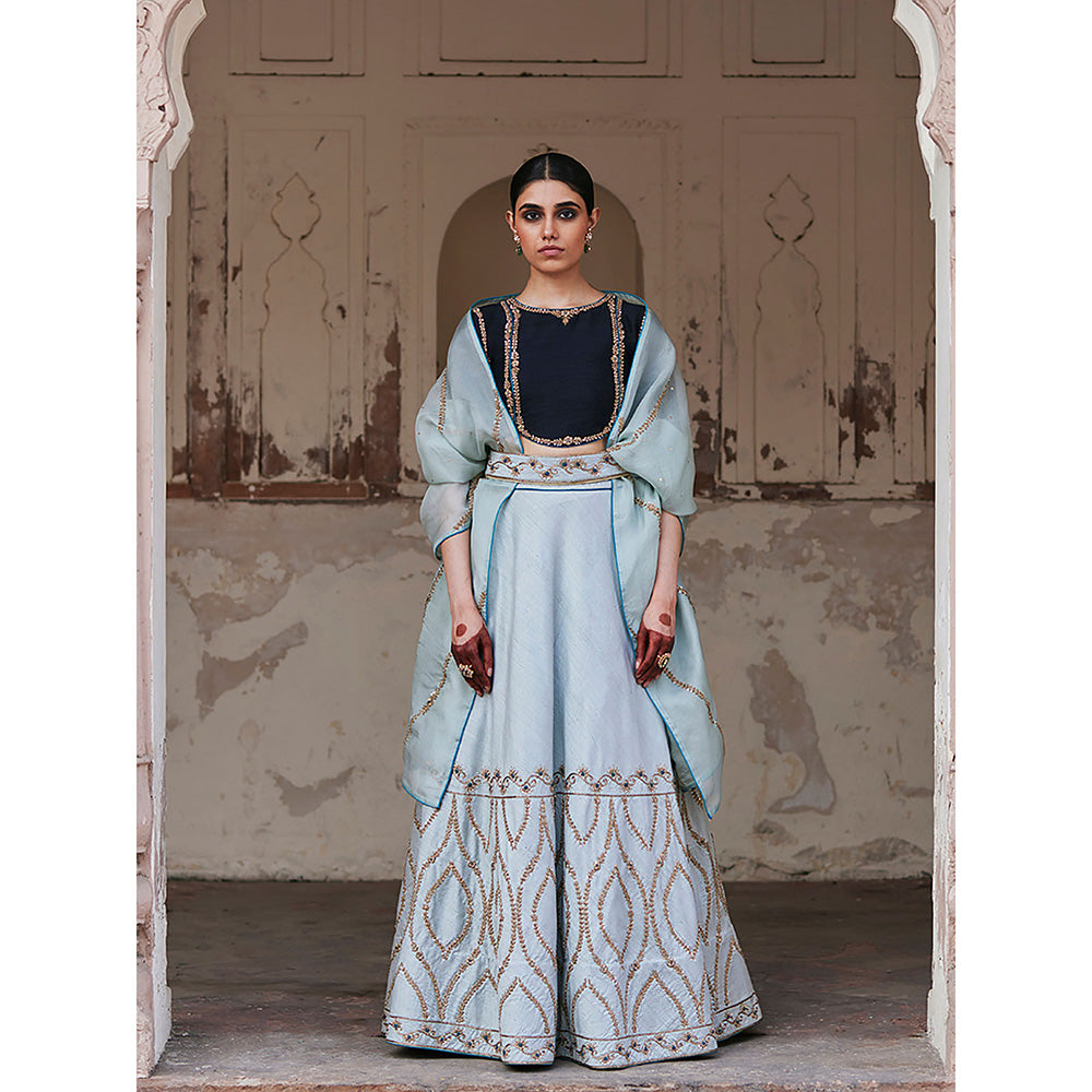 WeaverStory Mint Green Hand Raw Silk Skirt with Pure Silk Choli and Dupatta (Set of 3)