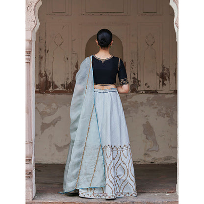 WeaverStory Mint Green Hand Raw Silk Skirt with Pure Silk Choli and Dupatta (Set of 3)