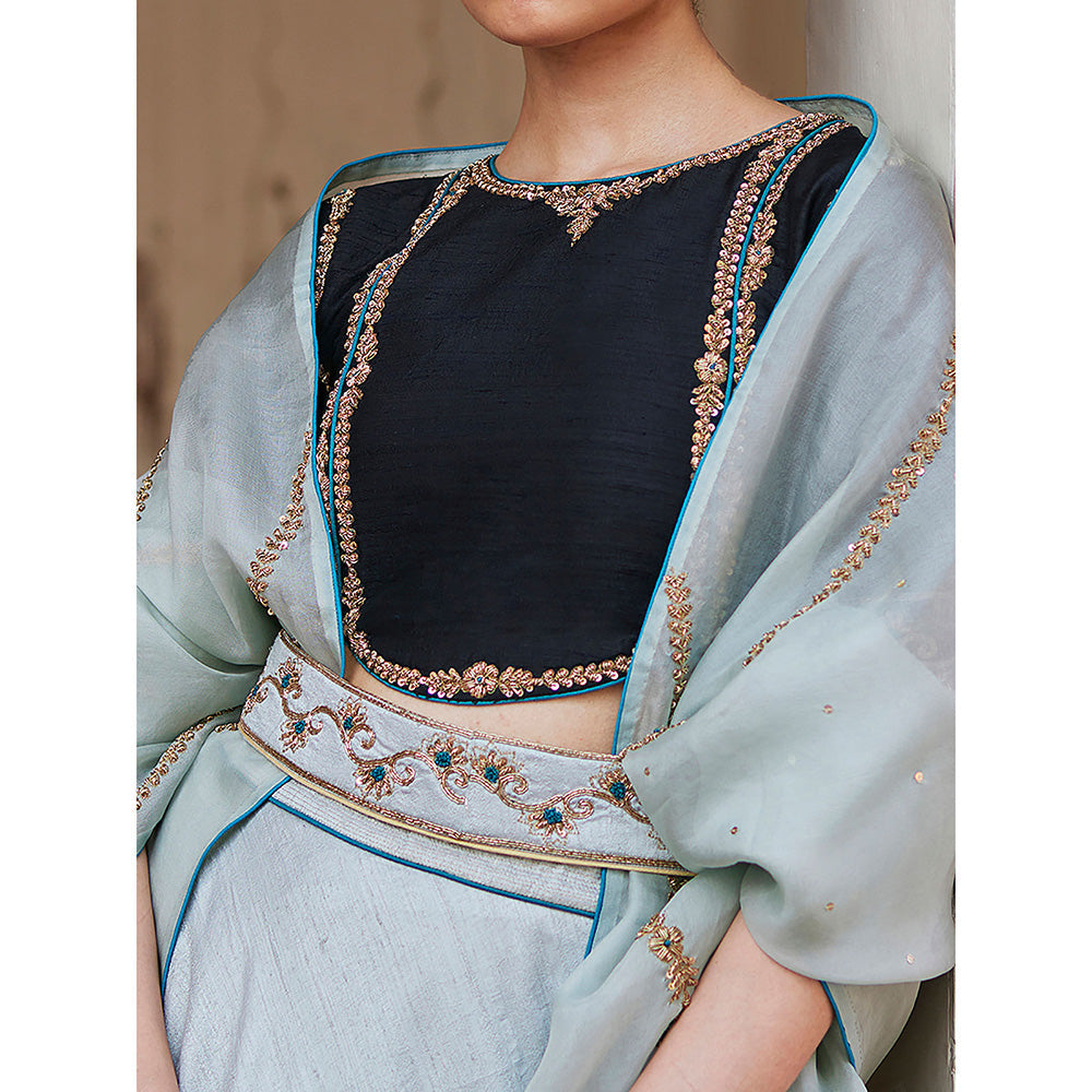 WeaverStory Mint Green Hand Raw Silk Skirt with Pure Silk Choli and Dupatta (Set of 3)