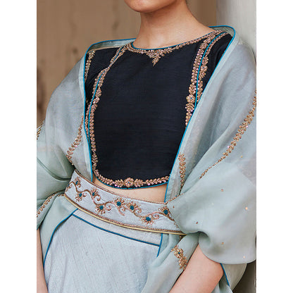 WeaverStory Mint Green Hand Raw Silk Skirt with Pure Silk Choli and Dupatta (Set of 3)