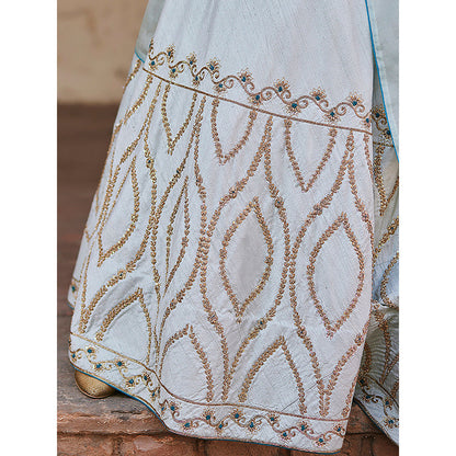 WeaverStory Mint Green Hand Raw Silk Skirt with Pure Silk Choli and Dupatta (Set of 3)