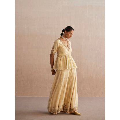 WeaverStory Izhaar Off White Cotton Tissue Kurti with Sharara and Organza Dupatta (Set of 3)