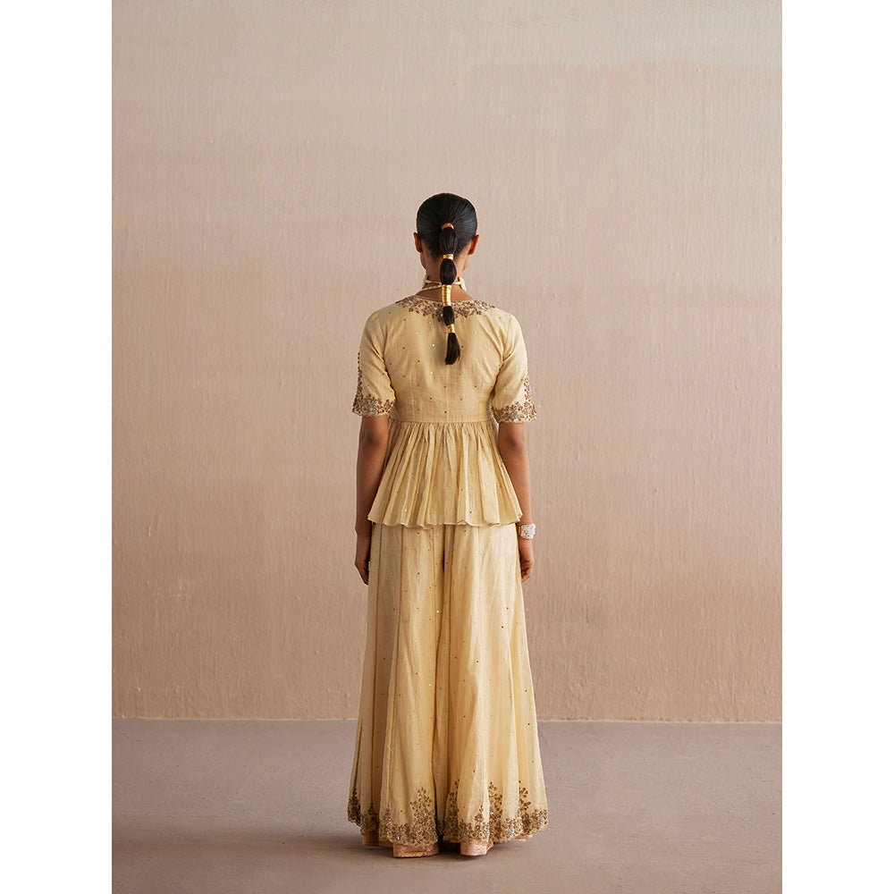 WeaverStory Izhaar Off White Cotton Tissue Kurti with Sharara and Organza Dupatta (Set of 3)