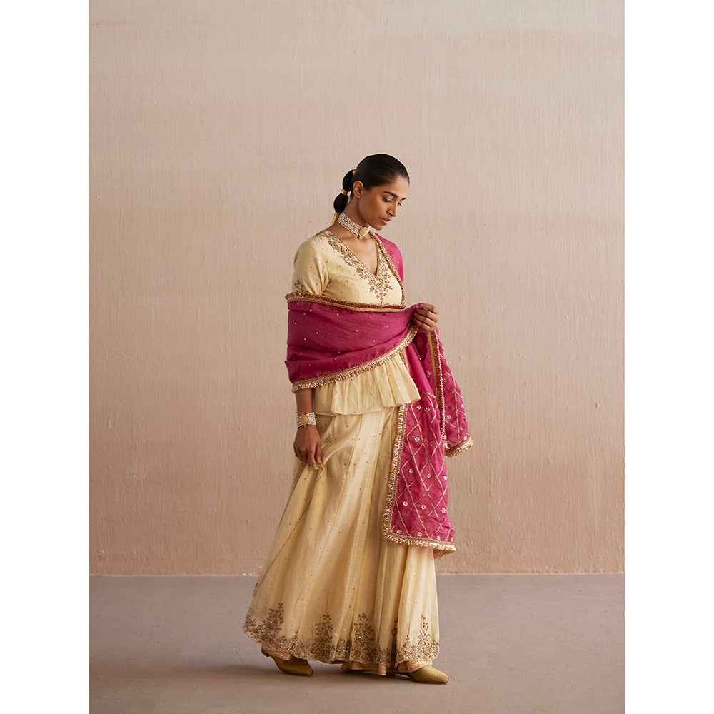 WeaverStory Izhaar Off White Cotton Tissue Kurti with Sharara and Organza Dupatta (Set of 3)