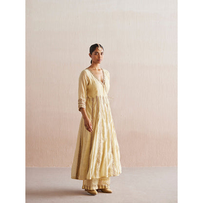 WeaverStory Nayaab Off White Cotton Tissue Angarkha with Pant and Dupatta (Set of 3)