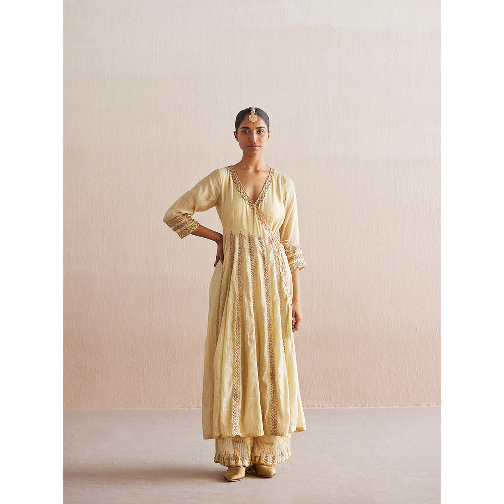 WeaverStory Nayaab Off White Cotton Tissue Angarkha with Pant and Dupatta (Set of 3)