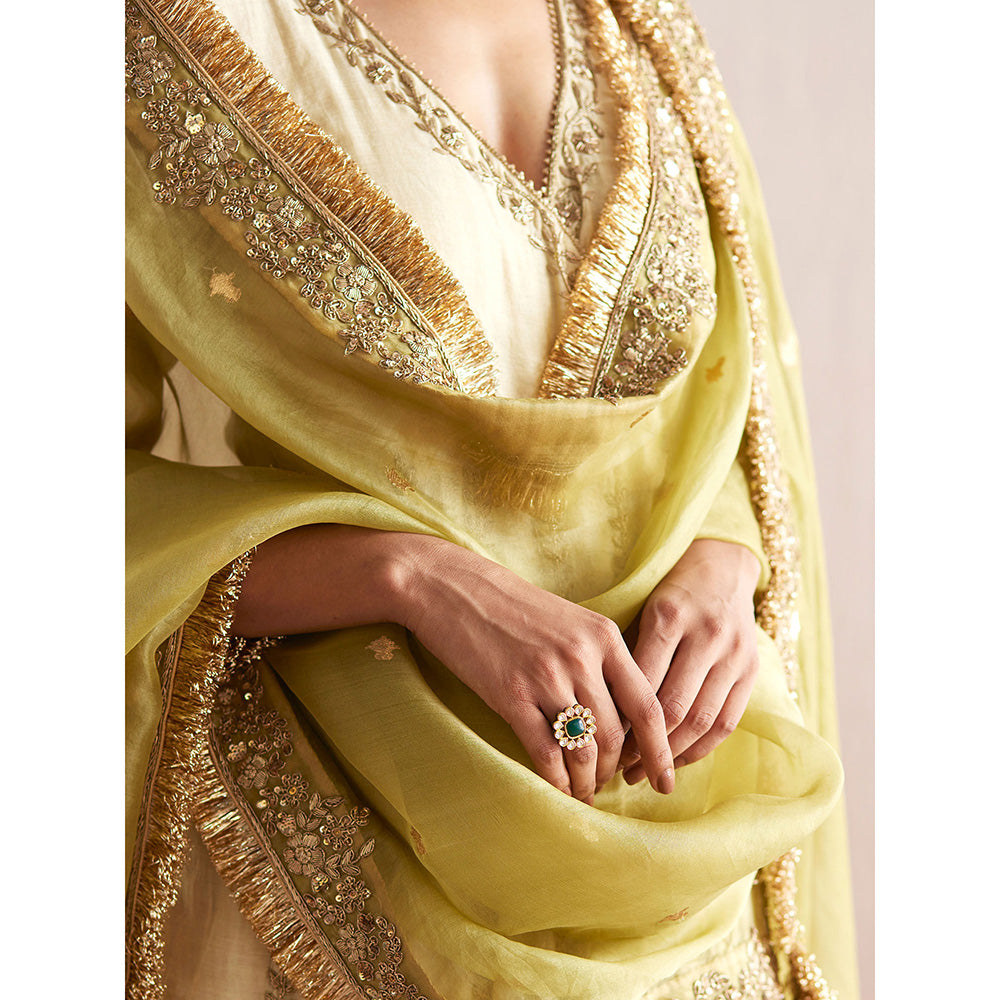 WeaverStory Nayaab Off White Cotton Tissue Angarkha with Pant and Dupatta (Set of 3)