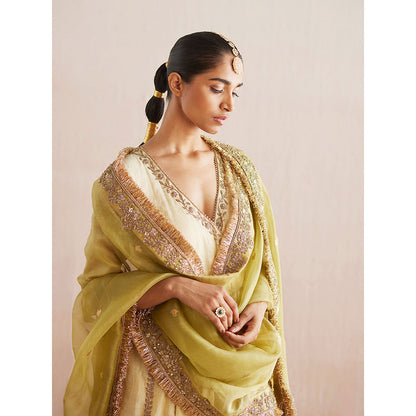 WeaverStory Nayaab Off White Cotton Tissue Angarkha with Pant and Dupatta (Set of 3)