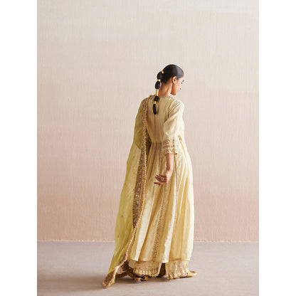 WeaverStory Nayaab Off White Cotton Tissue Angarkha with Pant and Dupatta (Set of 3)