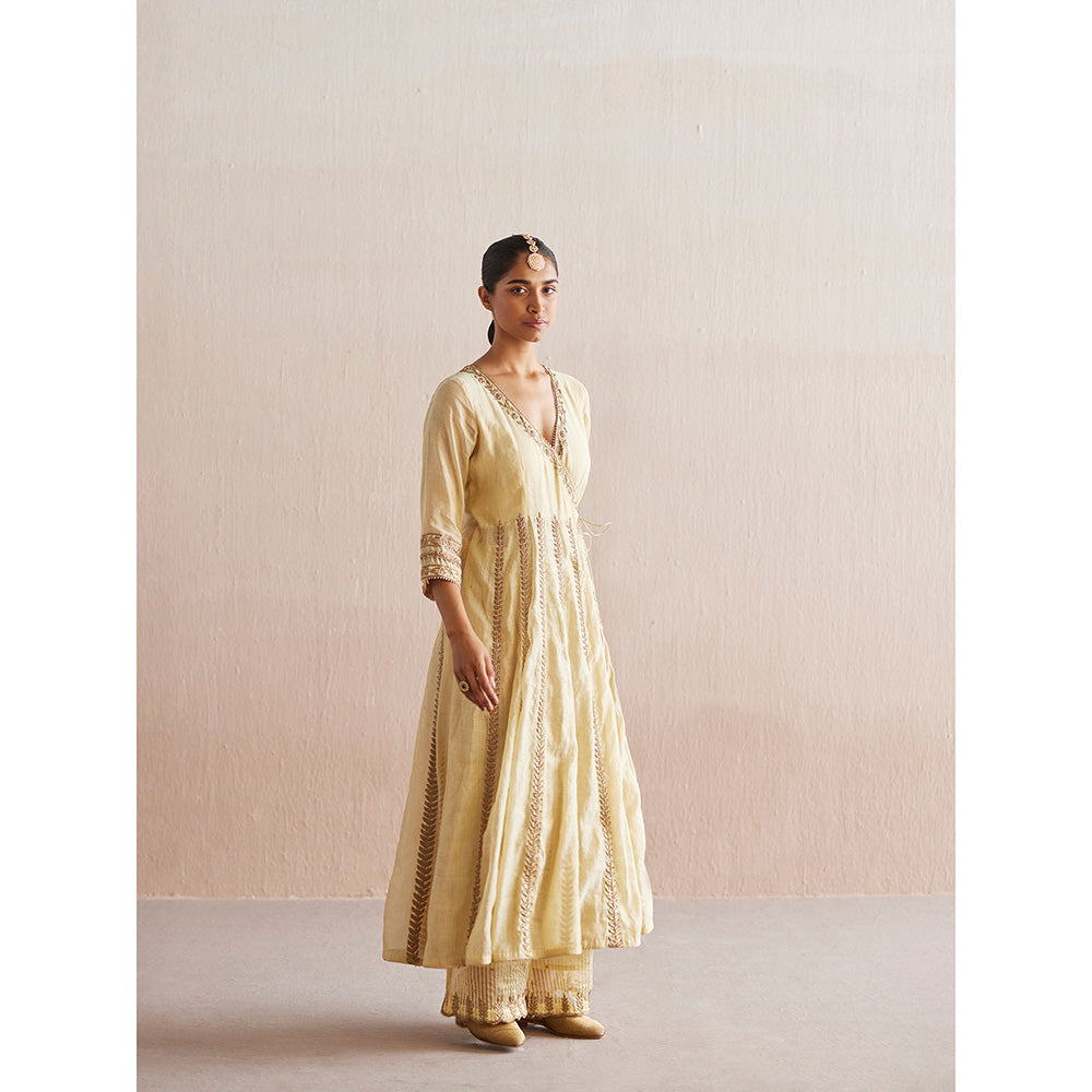 WeaverStory Nayaab Off White Cotton Tissue Angarkha with Pant (Set of 2)