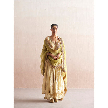 WeaverStory Nayaab Off White Cotton Tissue Angarkha with Pant (Set of 2)