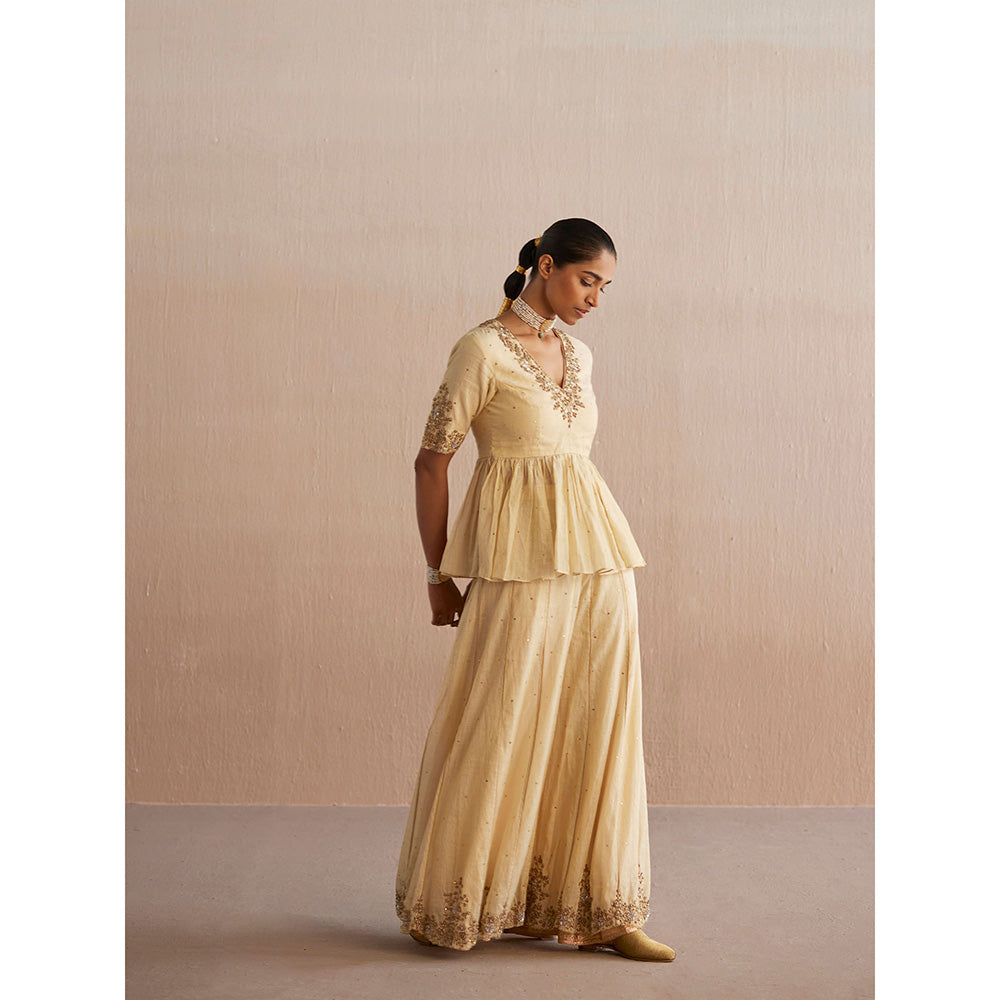 WeaverStory Izhaar Off White Cotton Tissue Kurti with Sharara (Set of 2)